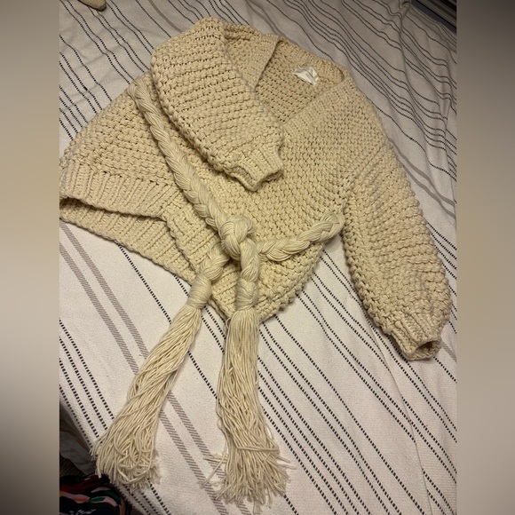 Anthropologie Chunky Knit Cardigan Coxy Natural ONE SIZE Ivory Belted - Picture 10 of 14